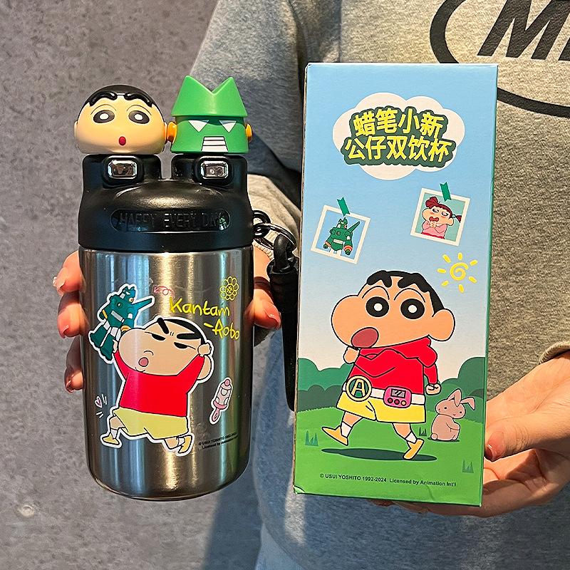 Crayon Small New Water Cup Mug New Womens Fashionable Thermos Flask Cup Students Go To School Water Bottle Male Straw Mug Double Drink