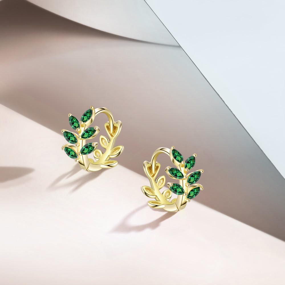 Cercei smarald pasăre liberă pentru femei placare cu aur 18K Cercei tip cerc hipoalergenici Aur Cercei populari cu piatra natală din mai inel frunză pliat Cadou de zi