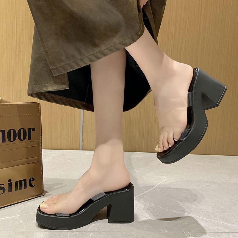 Fairy Wind High-heeled Thick-bottomed Cool Slippers, Female 2025 New Summer Outer Wear Waterproof Table with Transparent Cool Slippers