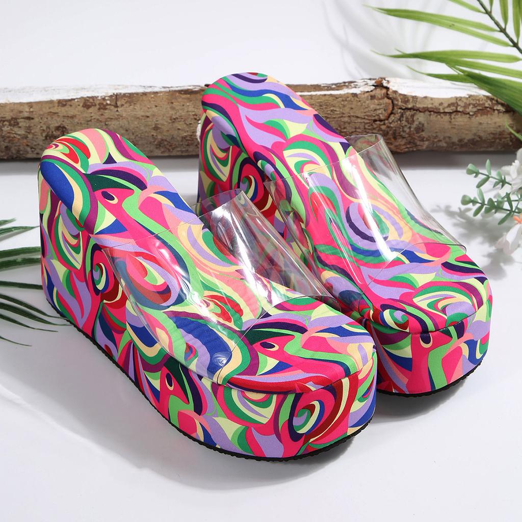 Mode Comemore Bunte Keilsandalen Hausschuhe Damen Sommer Hohe Absätze PVC Transparente Riemen Pantoletten Lässig Peeptoe Plateau Sandalen