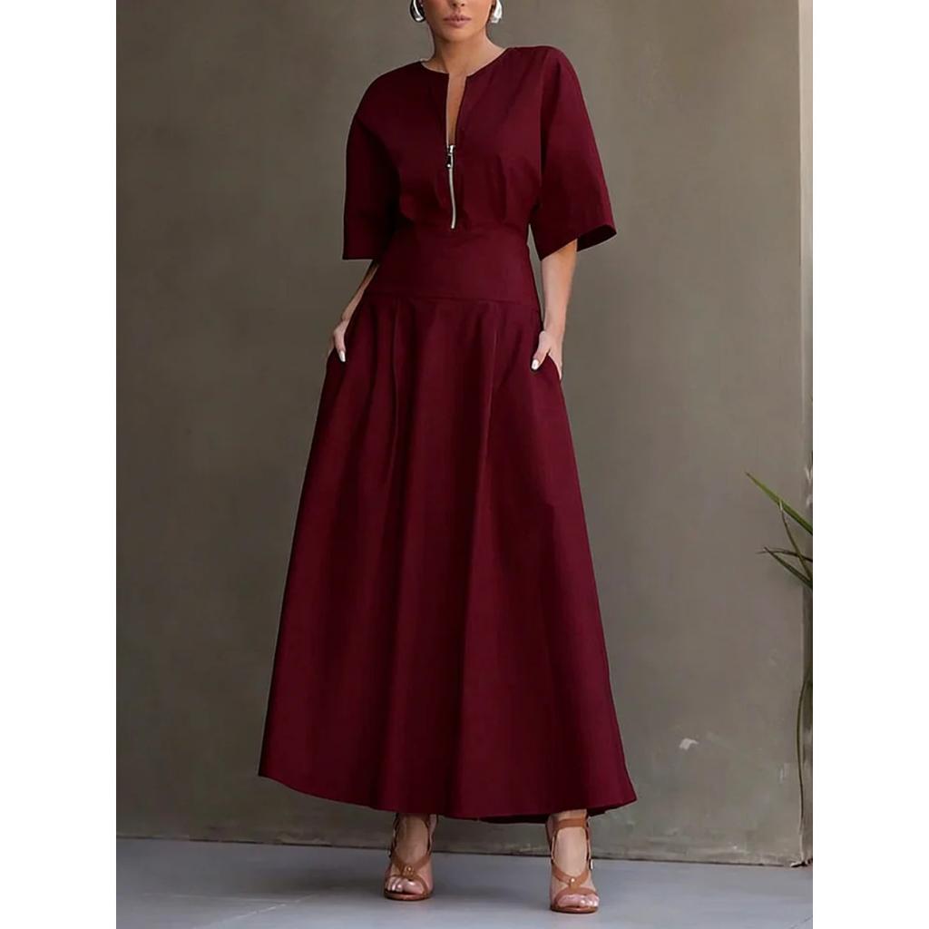 Women's Solid Color Short Sleeve Maxi Swing Dress Casual Fashion Summer Dress for Women