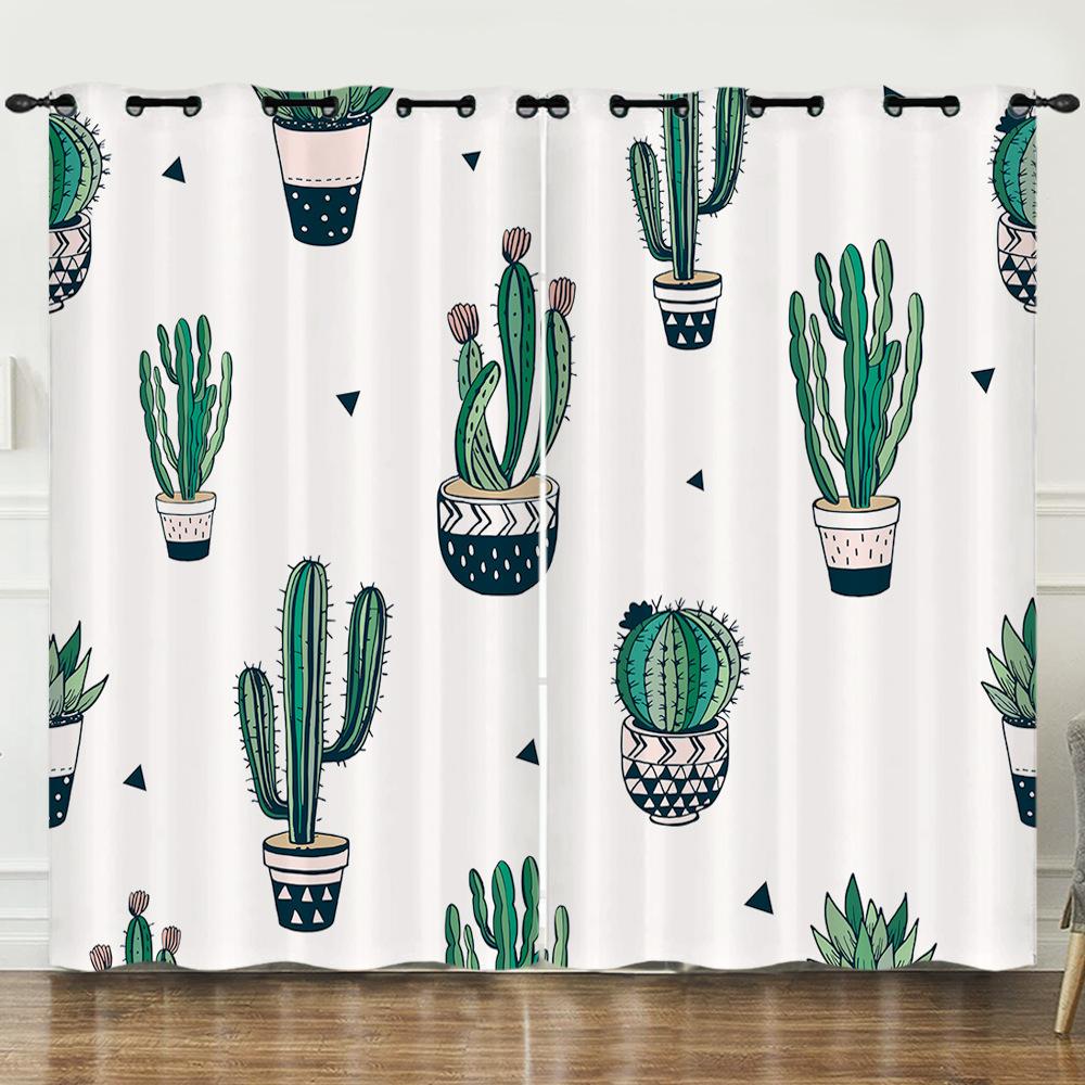 Curtains Fresh Green Plants Hand-Painted Cactus 3D Digital Printing Blackout Curtain Punching