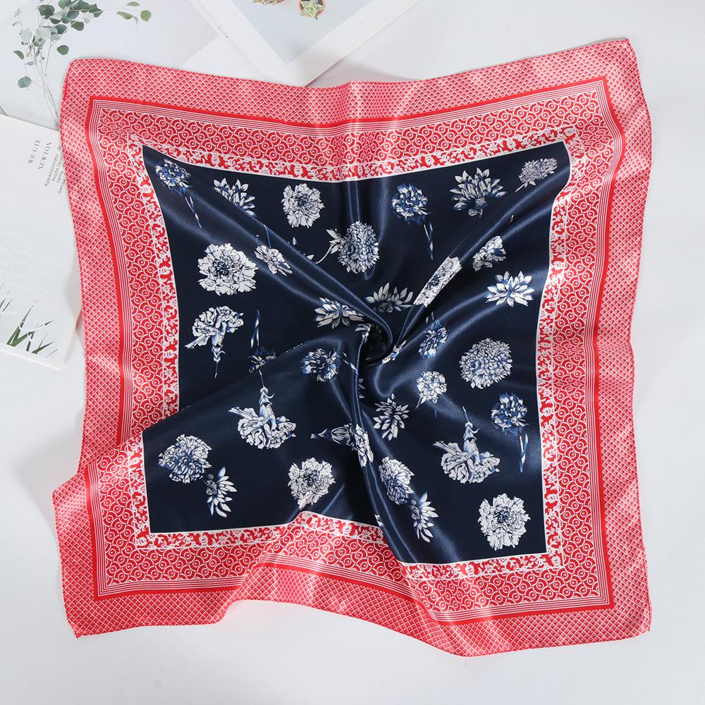 Stewardess Silk Scarf Floral Print 60Cm Small Square Scarf Satin Imitation Silk Scarf Decorative Scarf Neck Protection Scarf