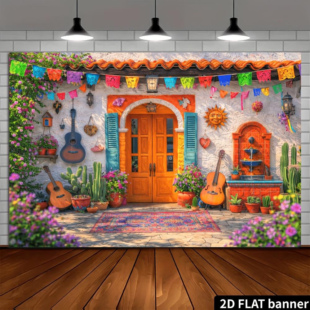 Tissu de fond Thème Cour Mexicaine Ensoleillée 2D - Décoration multifonctionnelle, adaptée aux maisons et aux bureaux