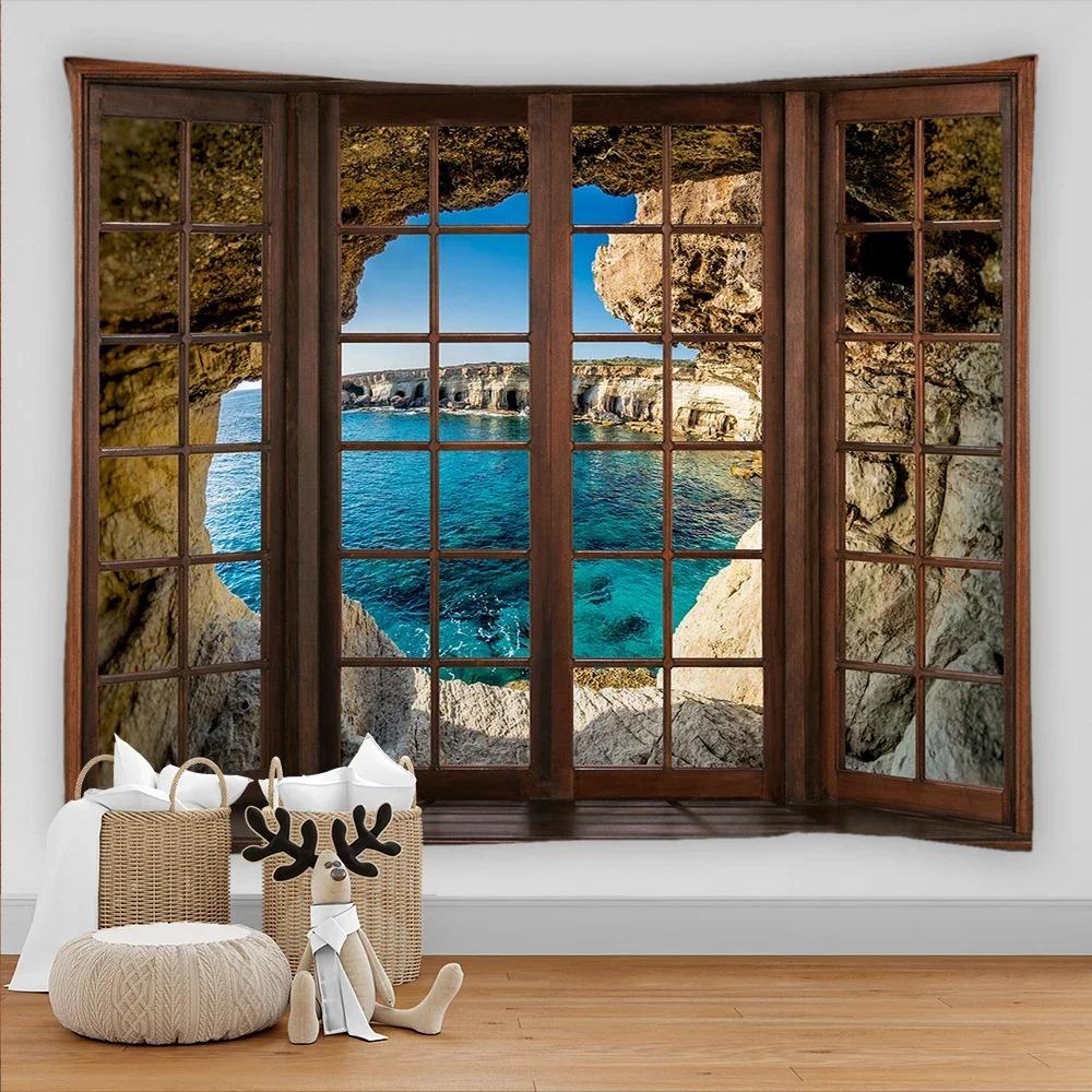 Bohemian Style 3D Window View Decorative Tapestry Hippie Wall Decoration Tapestry Bedroom Dormitory