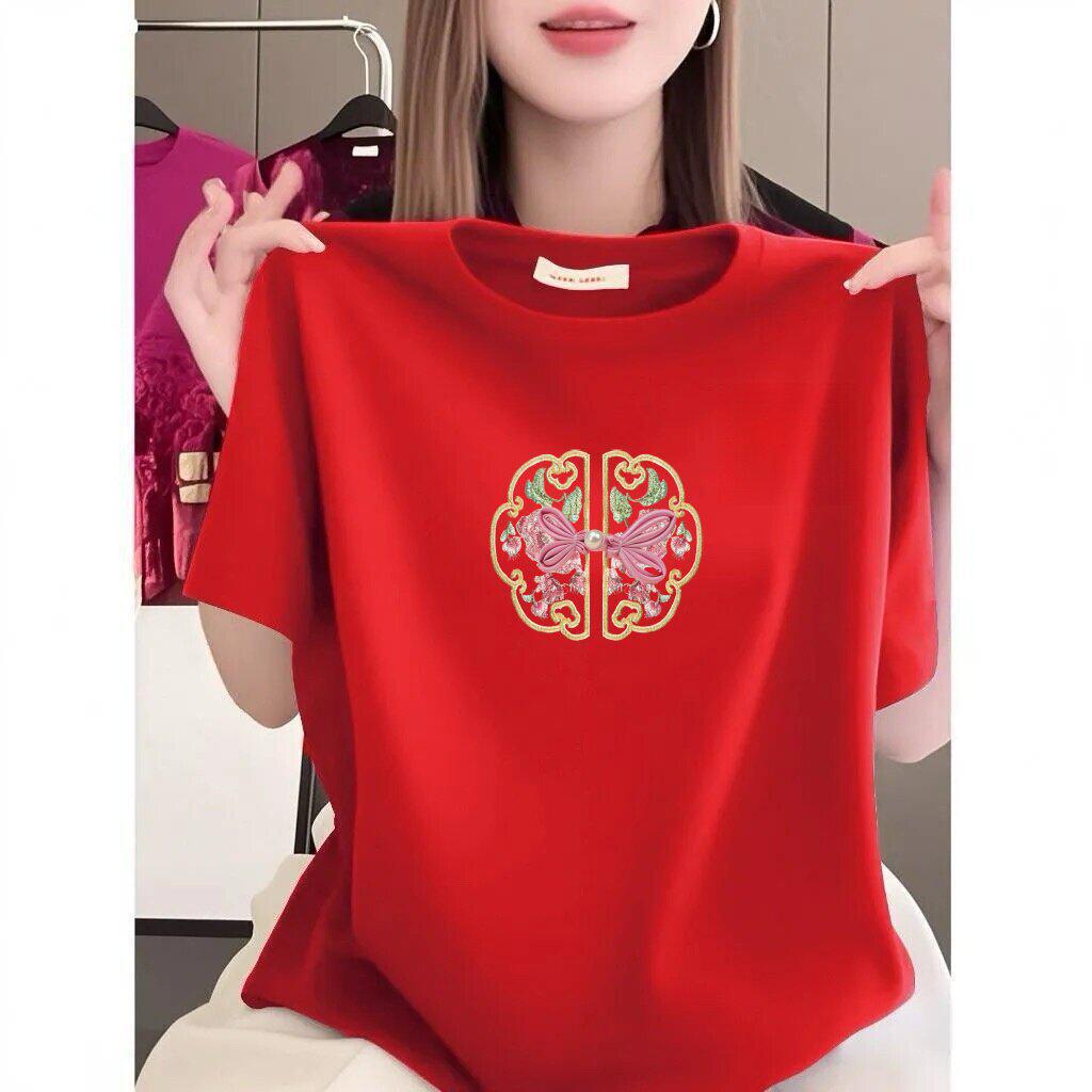 Chinese Embroidery Short Sleeve T-shirt - Women's Plus Size, Slim Fit, Stylish and Loose.