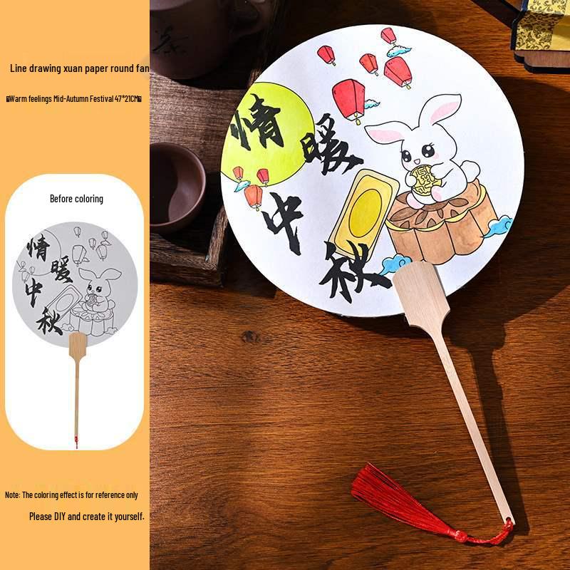 Patriotic Theme DIY Xuan Paper Fan: Hand-Painted Red Pattern with Tracing Lines