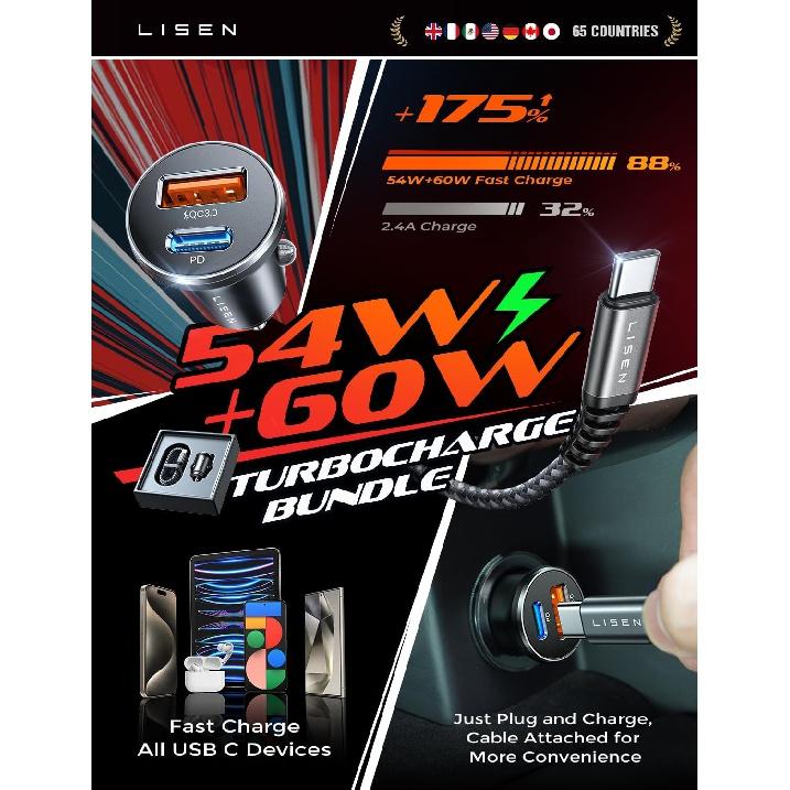 LISEN Car Charger USB C 54W [60W USBC-C Cable] Cigarette lighter USB Charger Adapter PD36W Car Phone Charger Fast Charging Suitable for Samsung