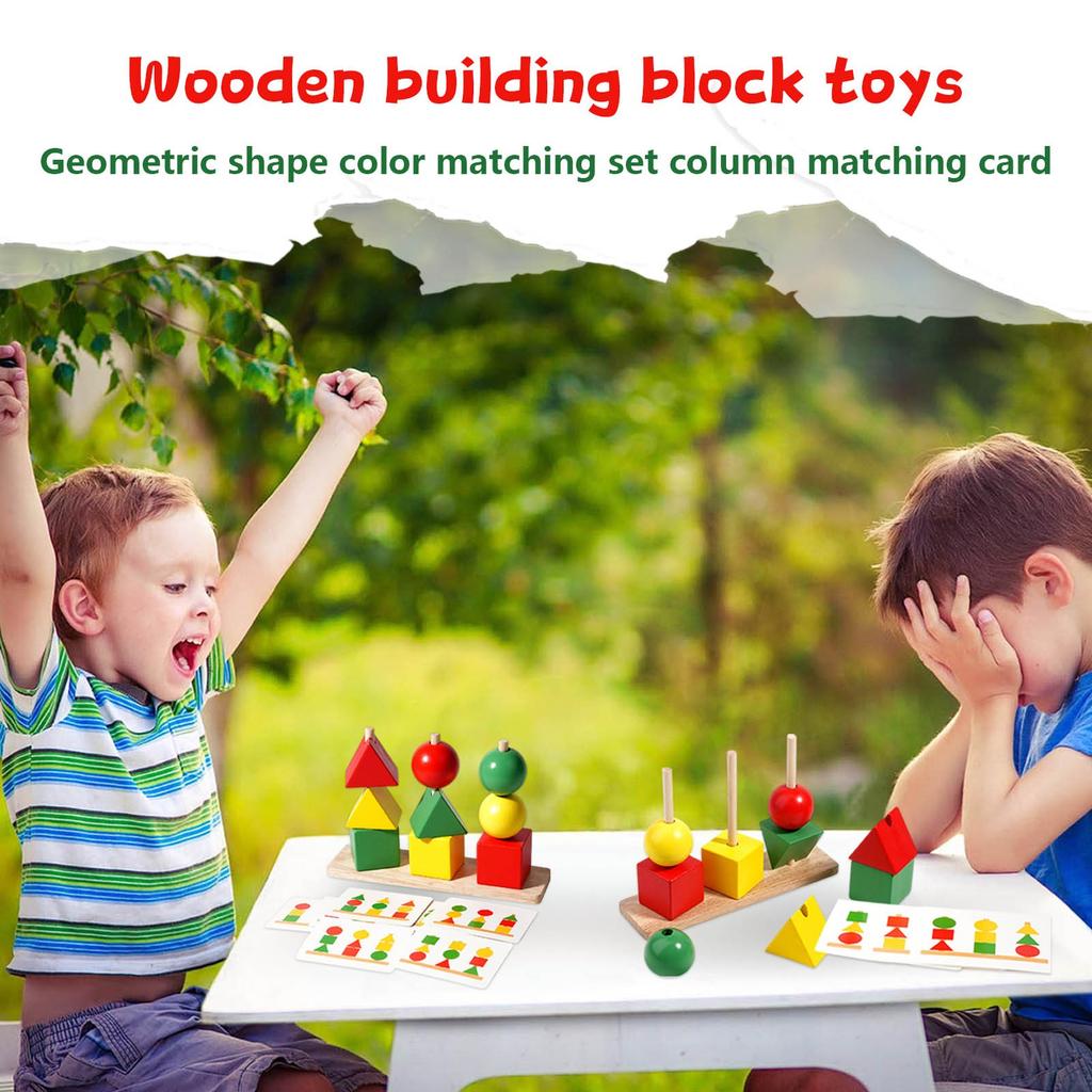 Wooden Building Block Toy, Geometric Shape Color Matching Set Of Posts With Cards