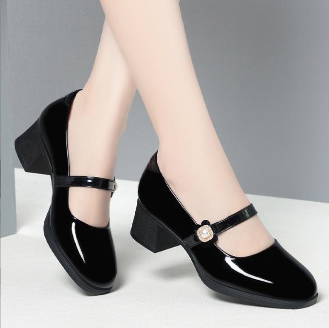 Women Fashion Sweet High Quality High Heel Shoes Female Round Toe Leather Shoes Non-slip Spring Loafers Ladies Party Office Shoe
