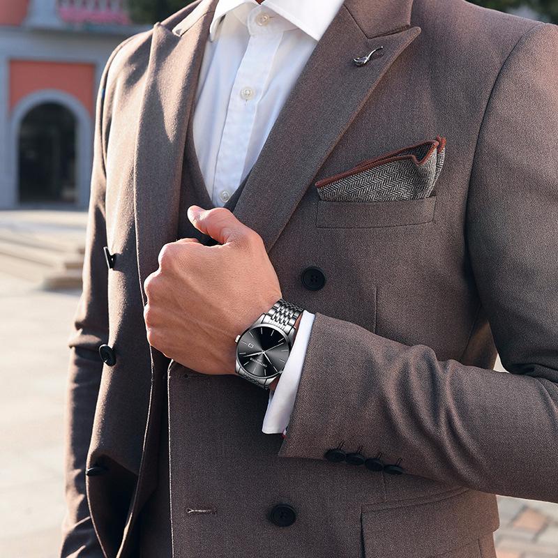 Men's Hong Kong-Style Ultra-Thin Quartz Wristwatch with Steel Band and Calendar