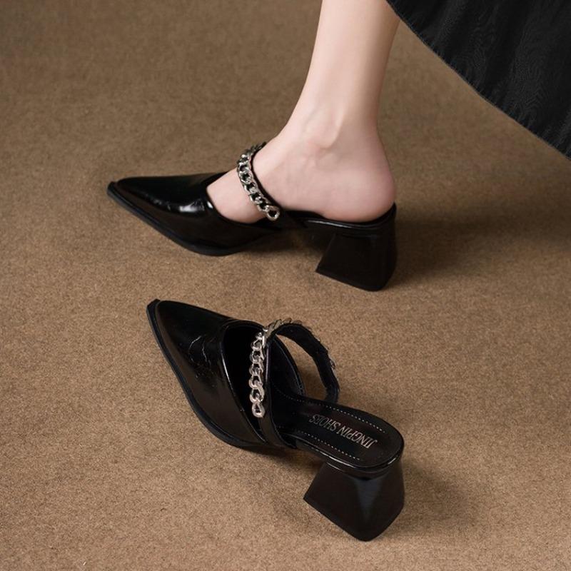 Summer New Baotou Sandals Pointed Toe Shallow Mouth Metal Chain One Slip Strap Anti-slip Outer Wear Square Heel High Heels