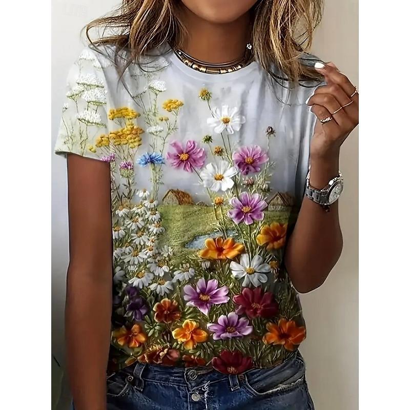 Damen T-Shirt Blumengrafik Pflanzen Vintage Stilvoll Klassisch Kurzarm Rundhals T-Shirt Reguläre Oberteile Urlaubskleidung Print Sommer