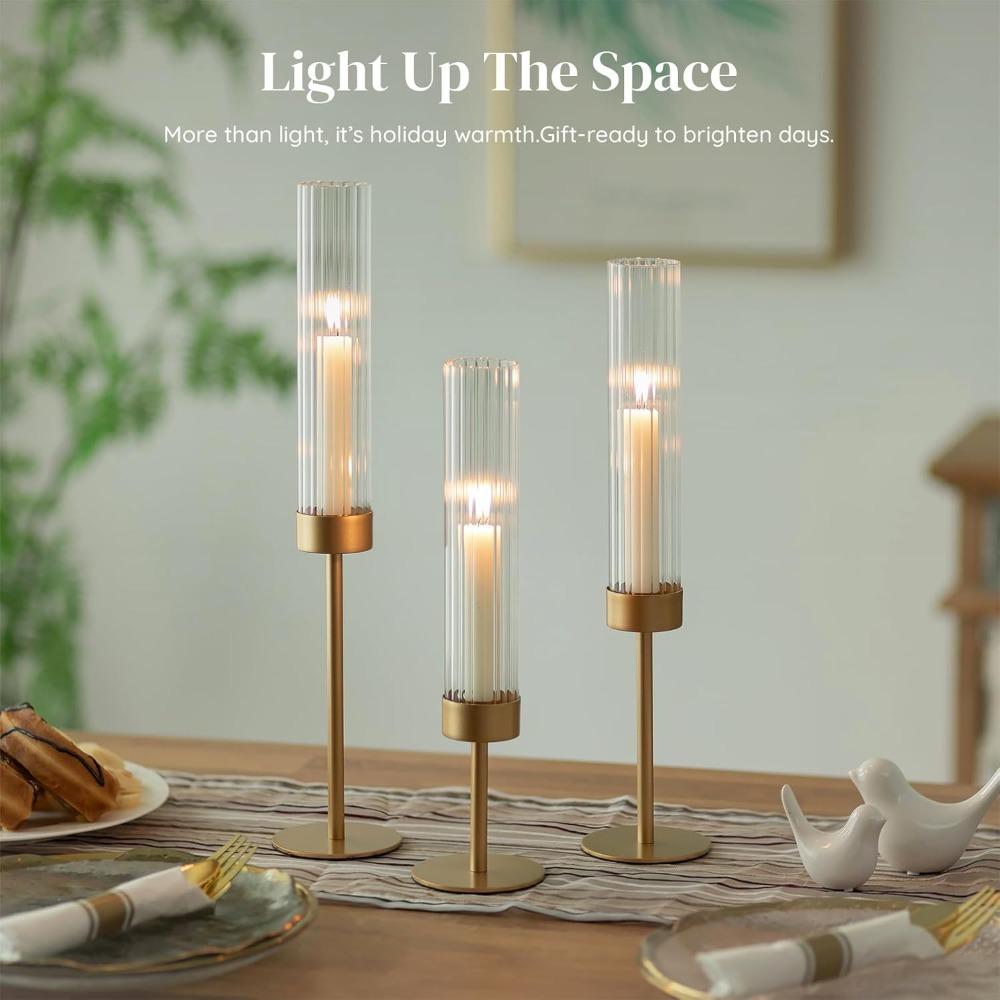 3pcs Golden Hurricane Taper Candle Holders Brass Candlestick Holders with Ribbed Glass Cylinder Cover Fluted Tall Candle Sticks Holder Decor