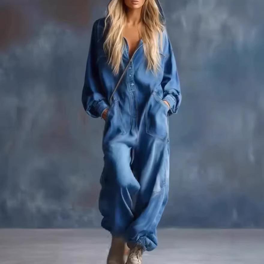 Women s Denim Jumpsuit, Plus Size Women s Clothing, Large Pockets, Long-Sleeve Casual Jumpsuit, One-Piece Jumpsuit, Street Style S светло-синий