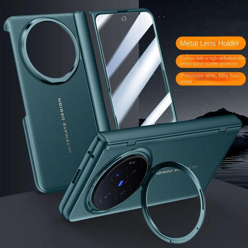 Luxury Leather With Front Screen Tempered Glass Protector Case For VIVO X Fold 6 Spring Hinged Camera Holder Cover