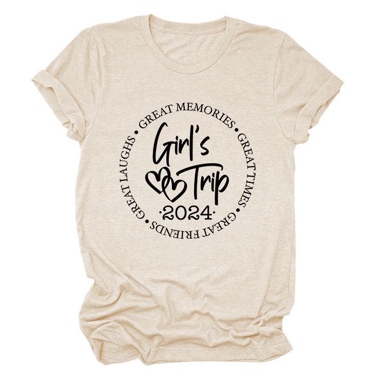 Summer T-shirt girl s trip 2024 loose casual crew neck women s short-sleeved shirt S