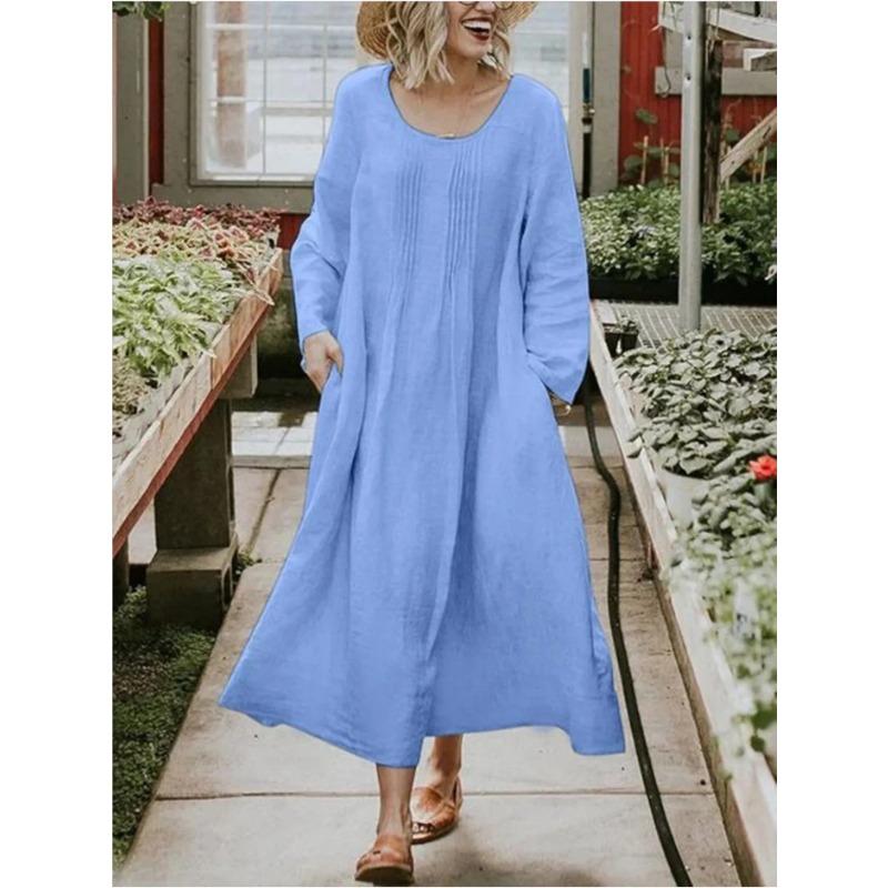 Moda para Mujer Primavera Otoño Primavera Otoño Manga Larga Cuello Redondo Cintura Suelta Vestidos Casuales