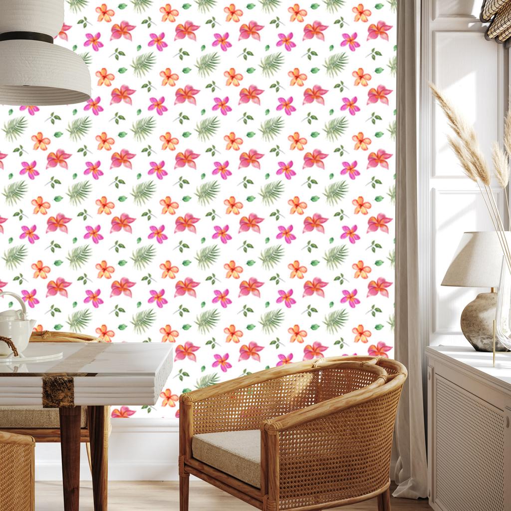 Wallpaper Flowers white, powder pink, coral and lime 50x1000