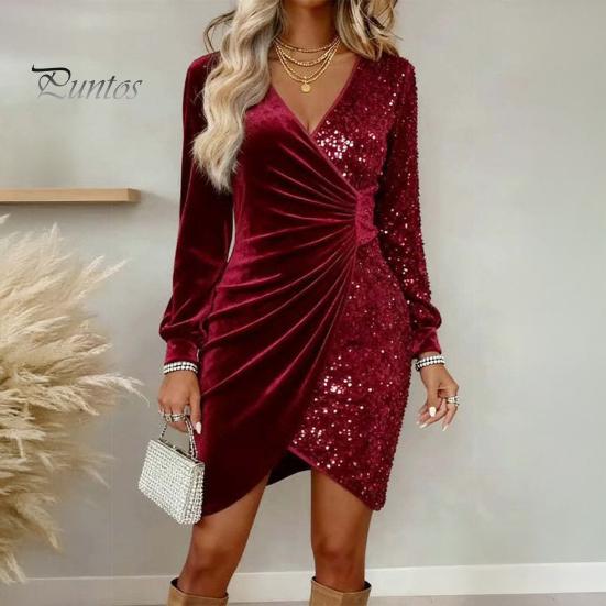 Long Sleeve Velvet Dress Women Sequin Wrap Mini V Fall Neck Ruched Bodycon Glitter Party Cocktail Club Shimmering