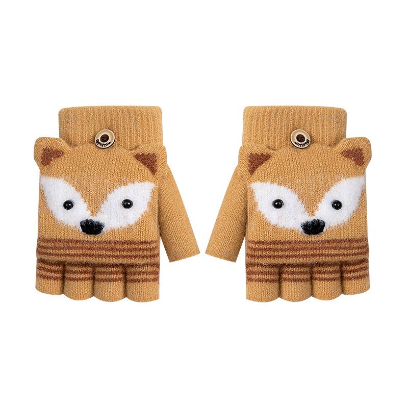 Kids' Cute Flip-Top Fingerless Fox Gloves - Warm Cartoon Design for Autumn and Winter