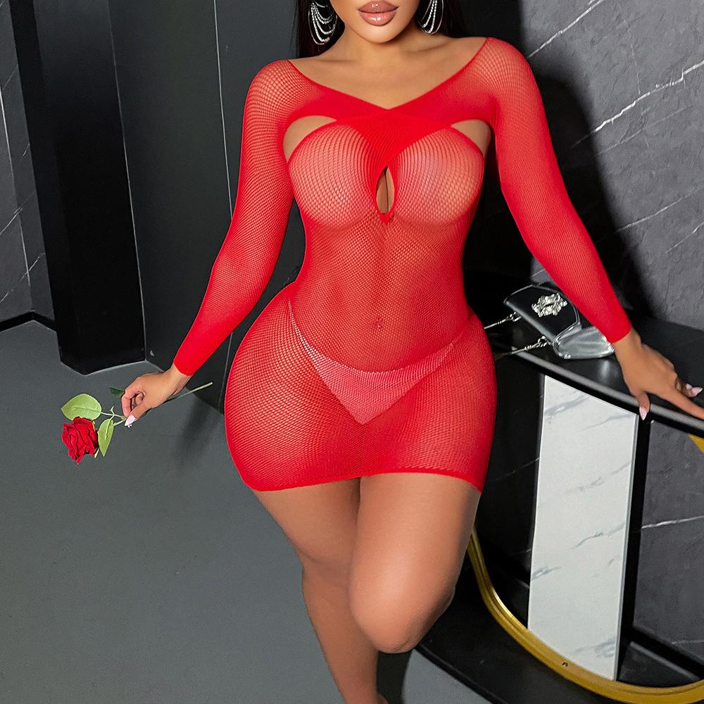 Sexy Underwear Sexy Burgundy Long Sleeves Cross Hollow Small Mesh Hollow Hip Skirt Mesh