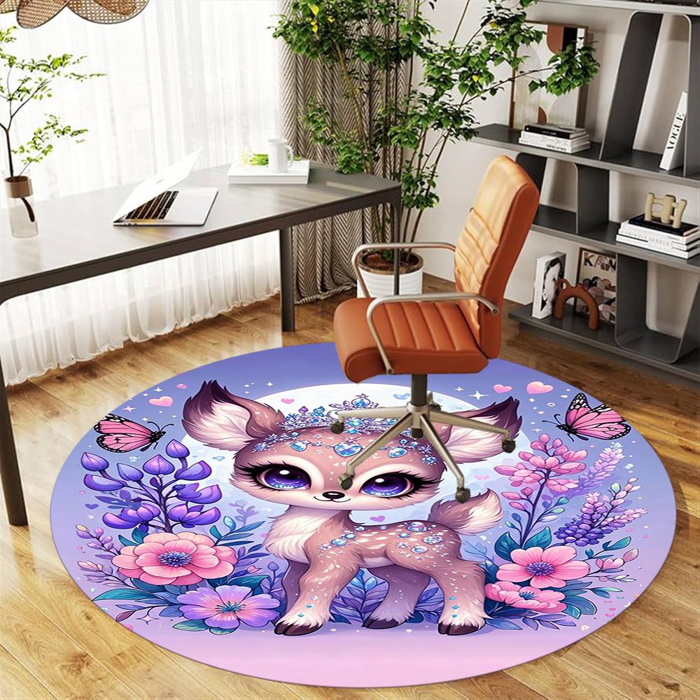 1PC Deer Flowers Fantasy Round Chair mat Area Rug - Non-Slip, Floor Mat for Office, Bedroom, home decor Christmas Gift c0528020