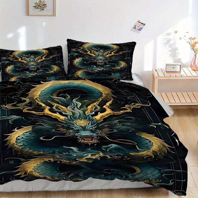 3pcs Dragon Fantasy Anime Cartoon Design Comforter Set with 1 Quilt Cover and 2 Pillowcases (No Core), Home Decor, Festival Gift, Polyester Fabric