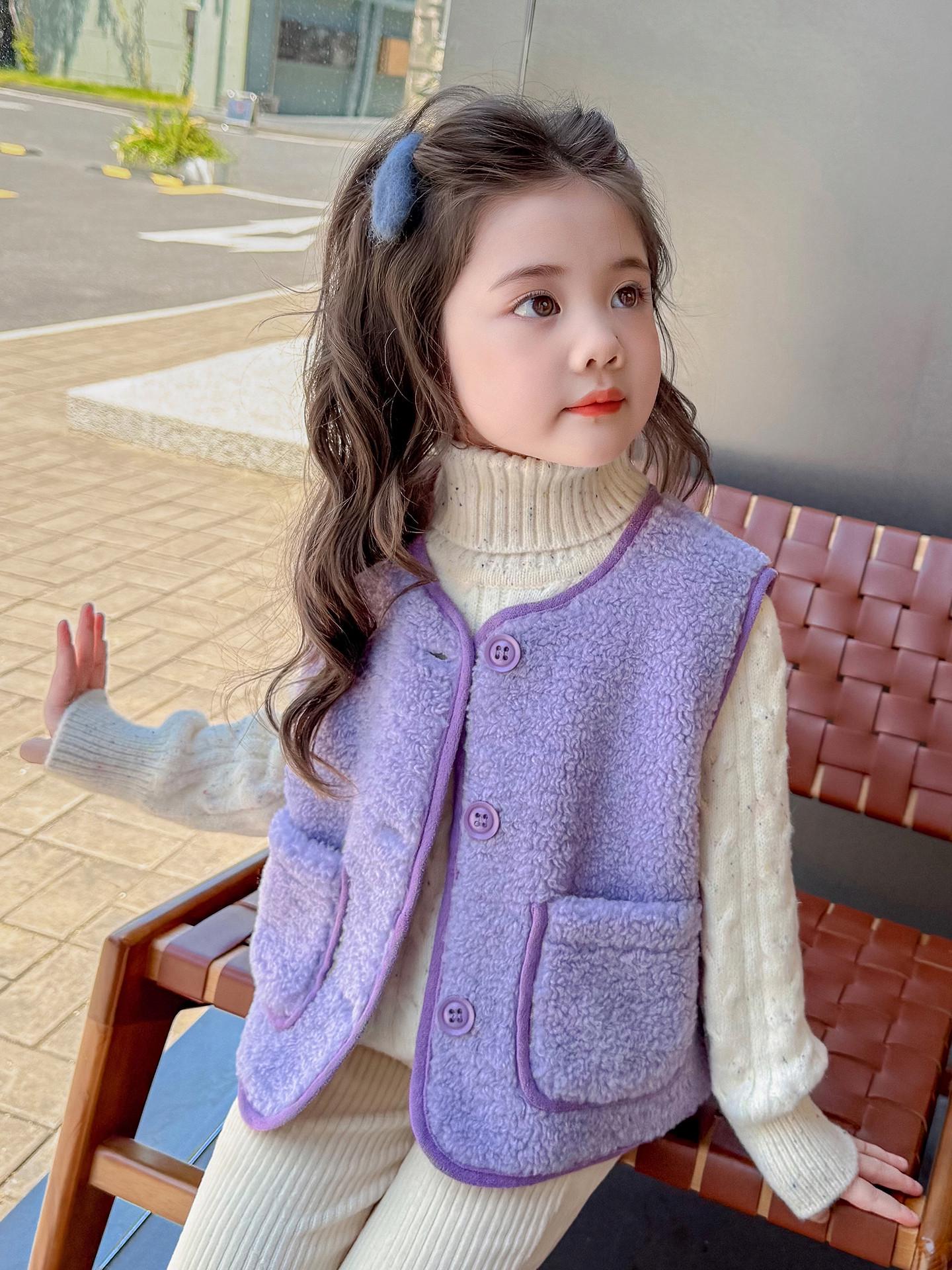 

Вязаный жилет-свитер для девочек, зимний 2025, на флисовой подкладке 120cm фиолетовый