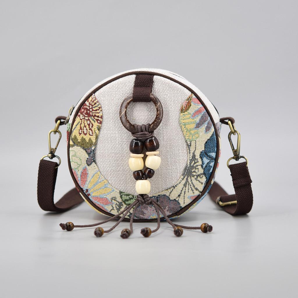 Vintage Ethnic Style Handcrafted Canvas Small Round Bag With Tassels For Daily Use