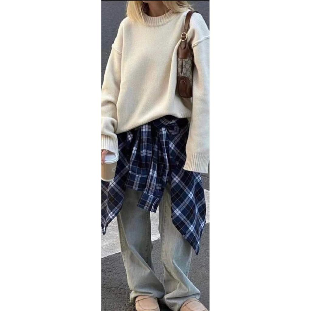 Retro Style All-Matching Lapel Loose Shirt 2025 Spring and Autumn Plaid Long Sleeve Pocket Women's Shirt