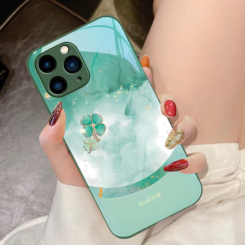 Four Leaf Clover Gradient For IPhone 16 Pro Max 15 Pro 14 13 12 Mini 11 XS Max XR 7 8 Plu SE 2022 Tempered Glass Phone Case