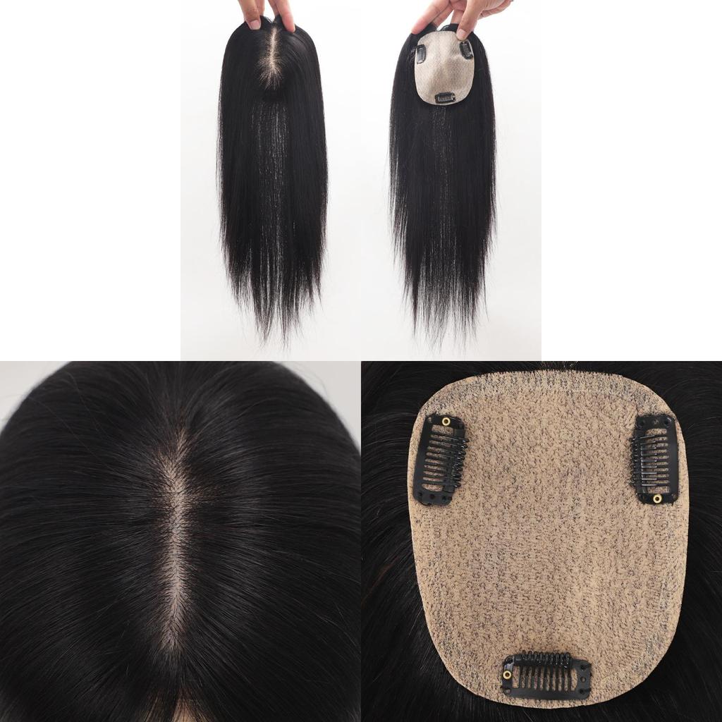 10 Zoll Dunkelbrauner Clip-in Echthaar Kronen-Topper, Seidenbasis Haar-Topper Mit Natürlichem Kopfhauteffekt Für Frauen