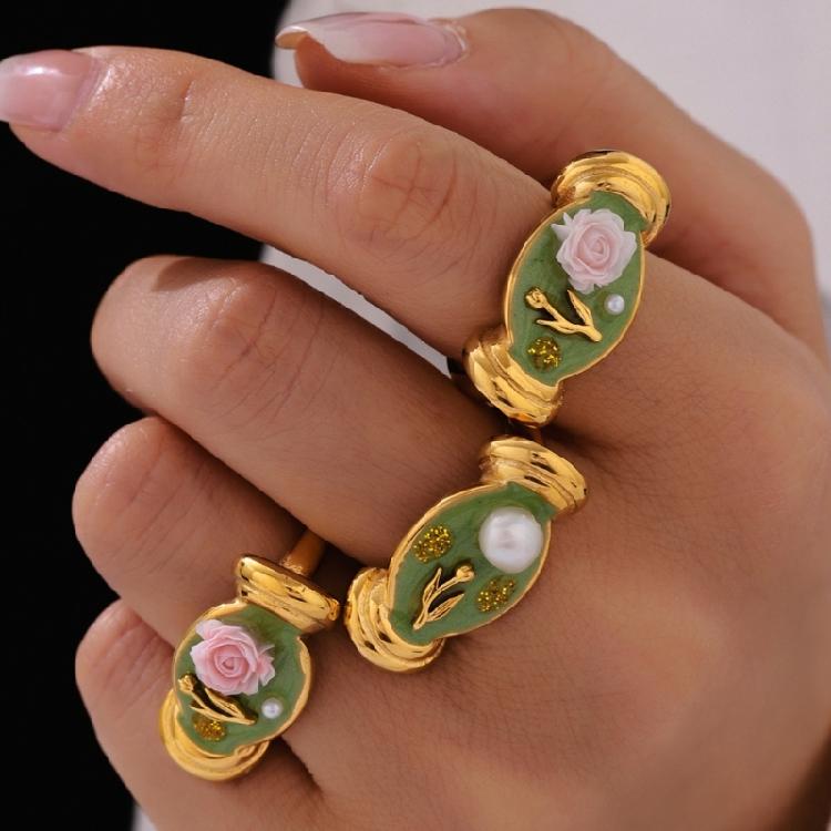 Gioiello Artistico Fiore di Rosa Anello in Acciaio Inossidabile Smaltato con Accenti di Perle Fascia Regolabile Anello Aperto Gioielli Floreali