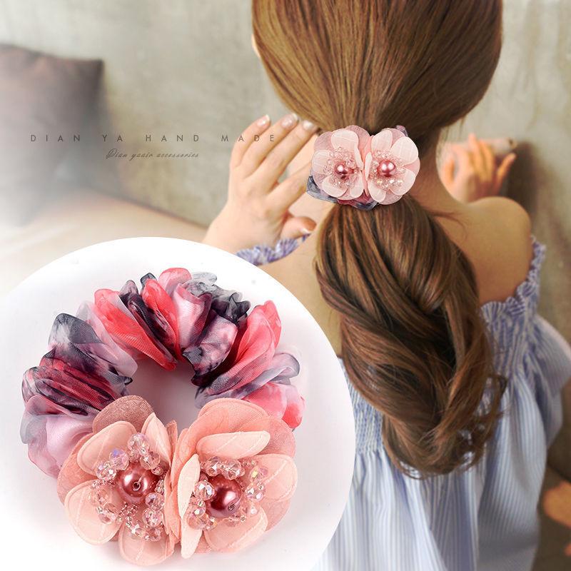 Korean Elegant Flower Scrunchies Women Girls Elastic Hair Rubber Bands Accessories Tie Hair Ring Rope Ponytail Holder Headdress