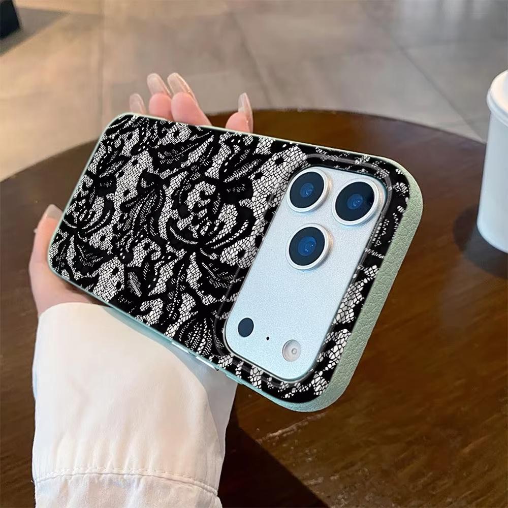 Black Lace Pattern Phone Case For iPhone 17 Pro Max 16 Plus 15 Pro 14 11 13 12 11 16E 17Air XR XS Lychee Textur Soft Cover