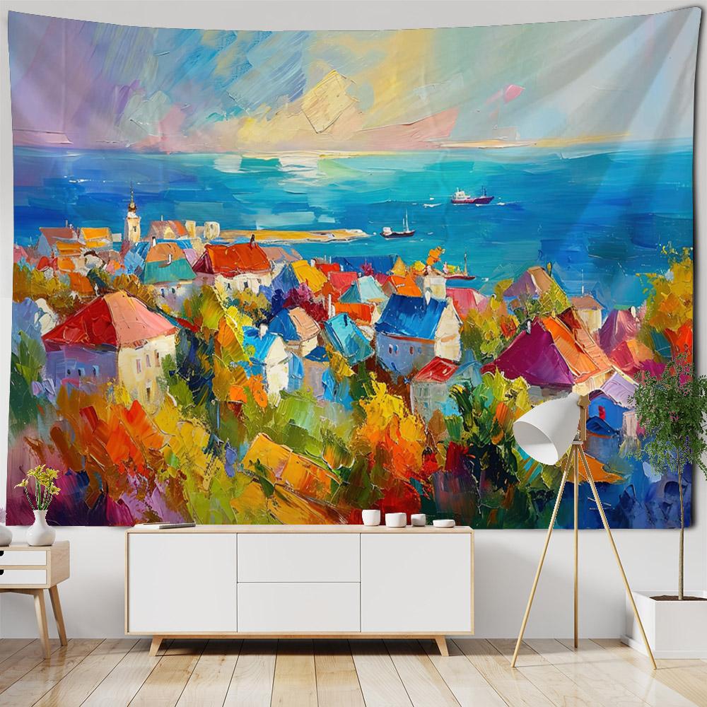 Sea View Oil Painting Printed Tapestry Wall Hanging Living Room Bedroom Wall Decoration Outdoor Picnic Bed Sheets Beach Mats