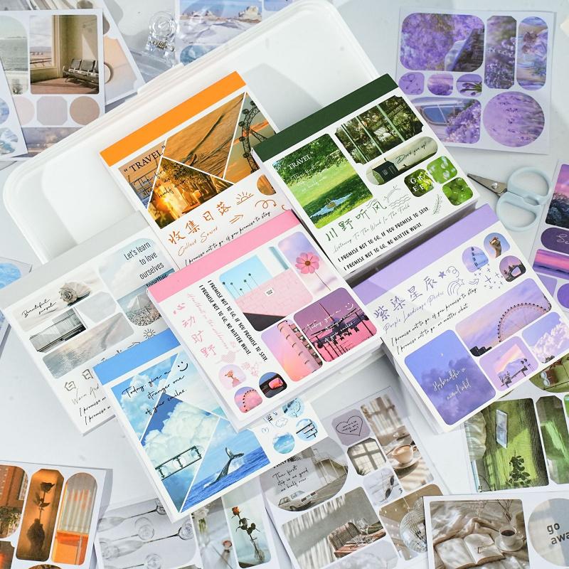 Libro di Adesivi a Tema Paesaggi Estetici da 40 Pezzi Stile Acquerello Sognante Forniture per Decorazioni Journal DIY