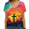 Women's Summer T-shirt 3D Cross Print Women's V-neck Short Sleeved T-shirt