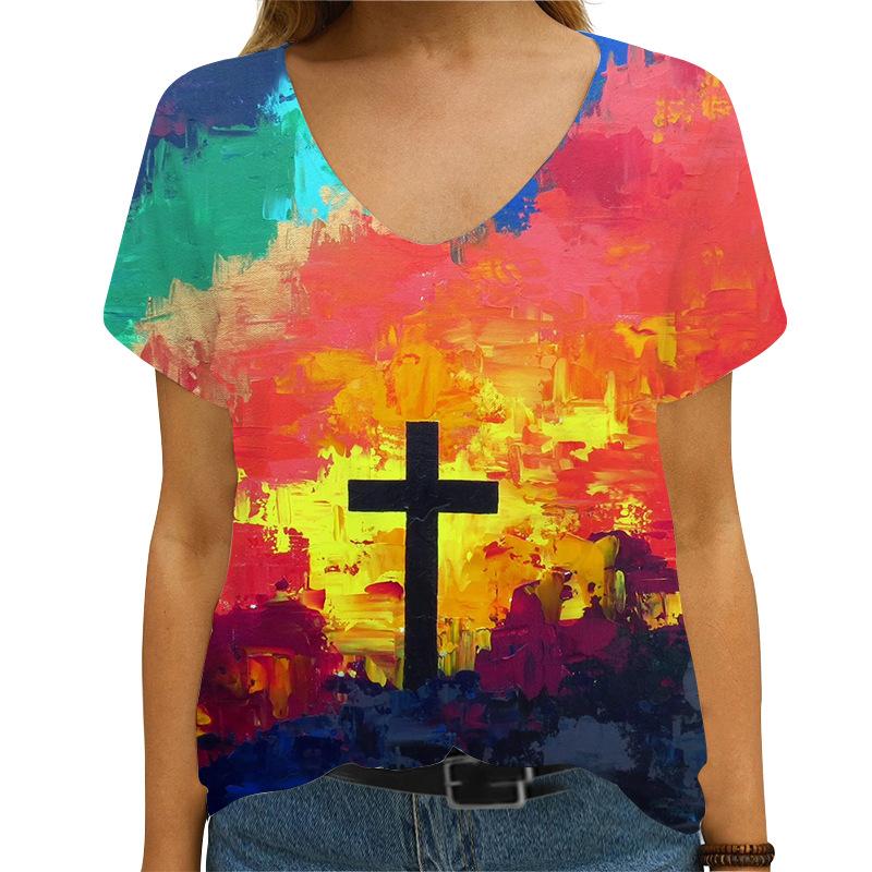 Women's Summer T-shirt 3D Cross Print Women's V-neck Short Sleeved T-shirt