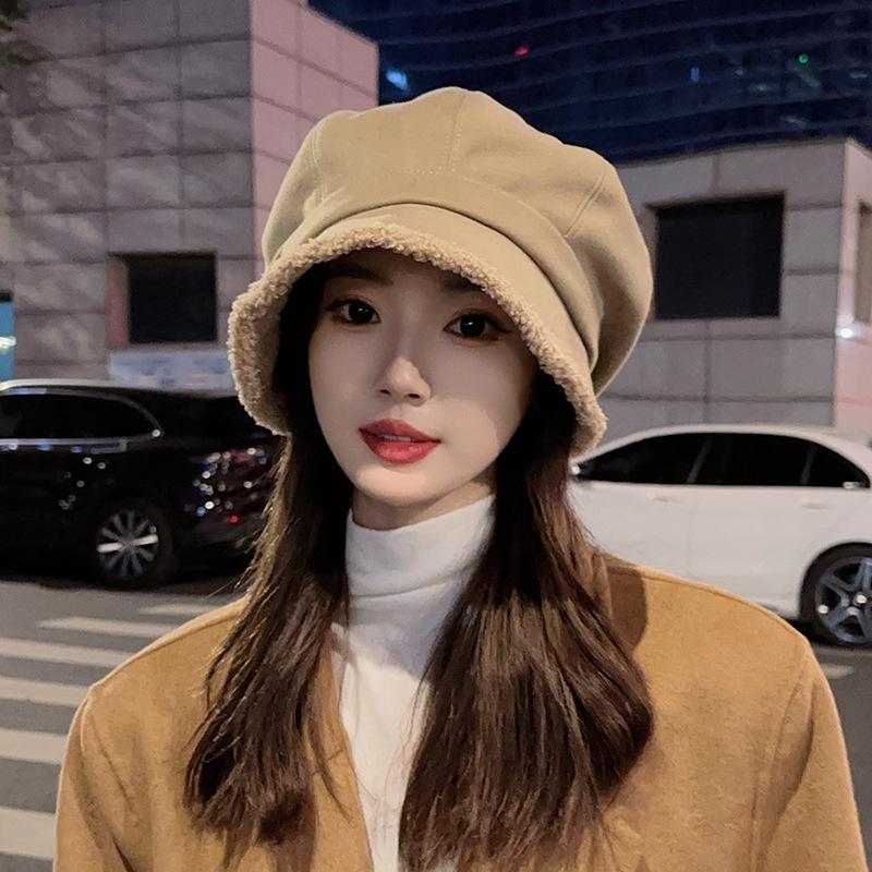 Small Face Big Head Circumference Hat Women's Autumn and Winter New Stacking Hat Cold-proof Velvet Octagonal Hat Versatile Bucket Hat