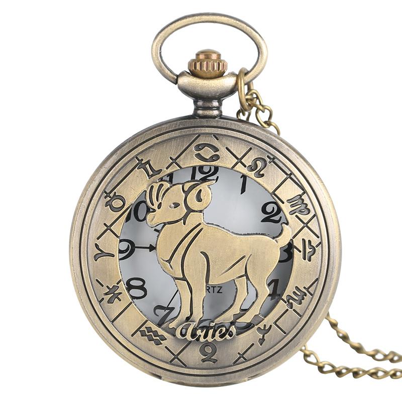12 Constellation Astrology Zodiac Retro Pocket Watch Bronze Necklace Pendant Mens Women Hollow Flip Cover Quartz Christmas Gifts