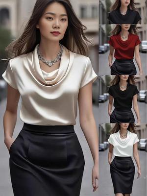 2025 Fashionable Women's Satin Drape French Style Short Sleeve Shirt