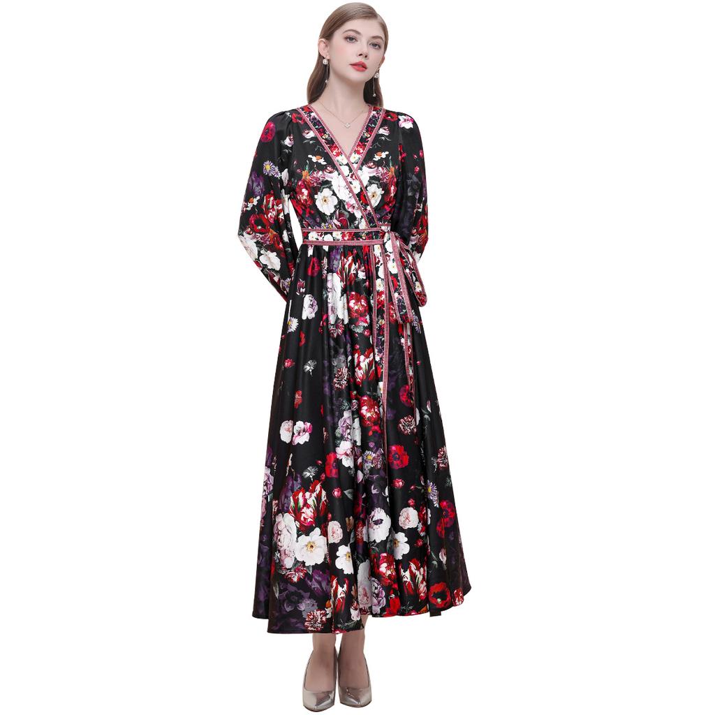 Spring Vintage Floral Maxi Dresses for Women Runway Cross V-Neck Long Lantern Sleeve Sashes Beach Holiday Dress Boho Robe