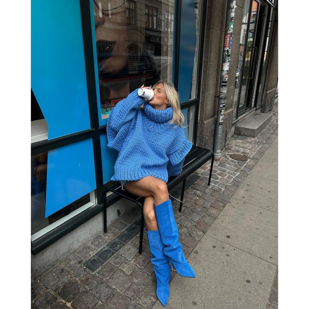 Autumn Winter Oversized Solid Color Thick Knit Turtleneck Split Sweater for Women European American Crossbody Casual Knit Top