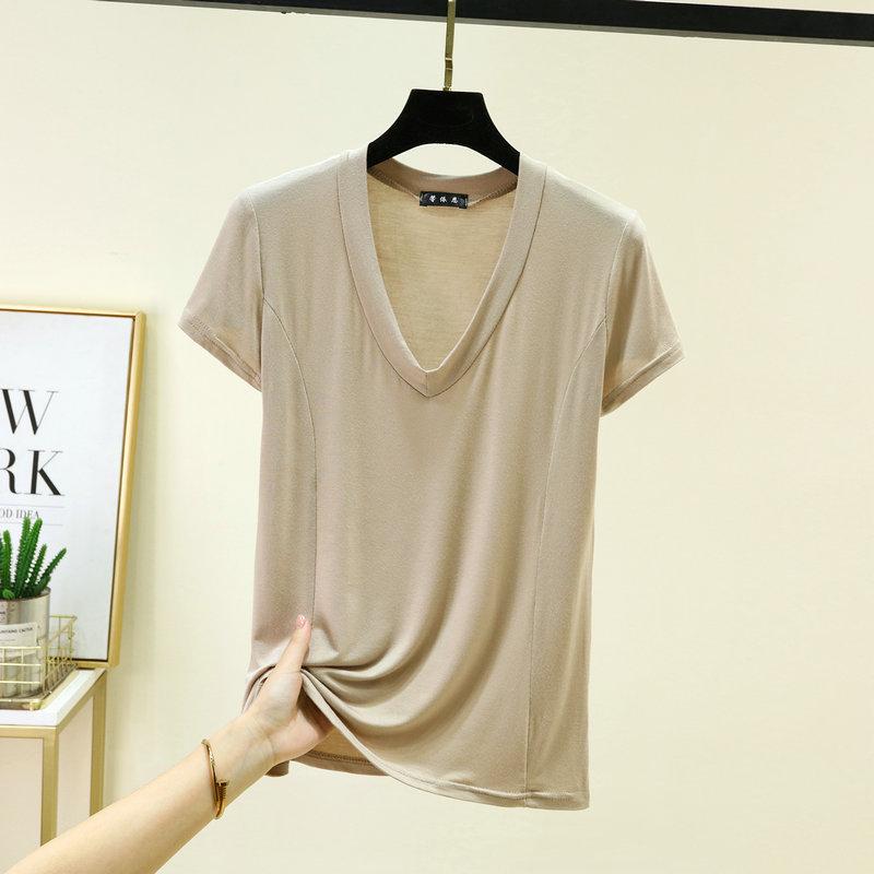 Plus size L to 6XL Modal V-Neck T-shirt Short sleeved Tees Women Ultra-thin Layering Top solid color base layer tops