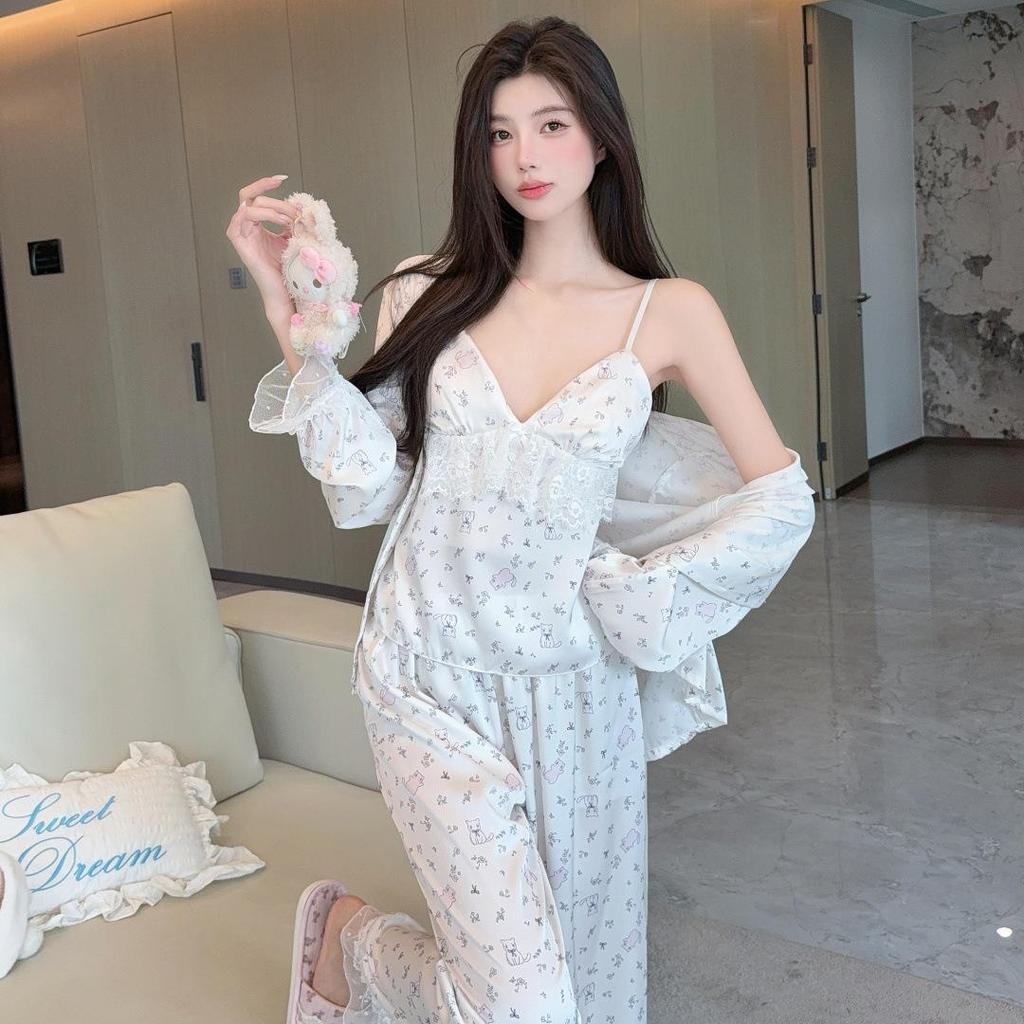 New Women's 3-Piece Ice Silk Pajama Set: Lace Camisole, Long-Sleeve Top, and Floral Homewear with Chest Pads