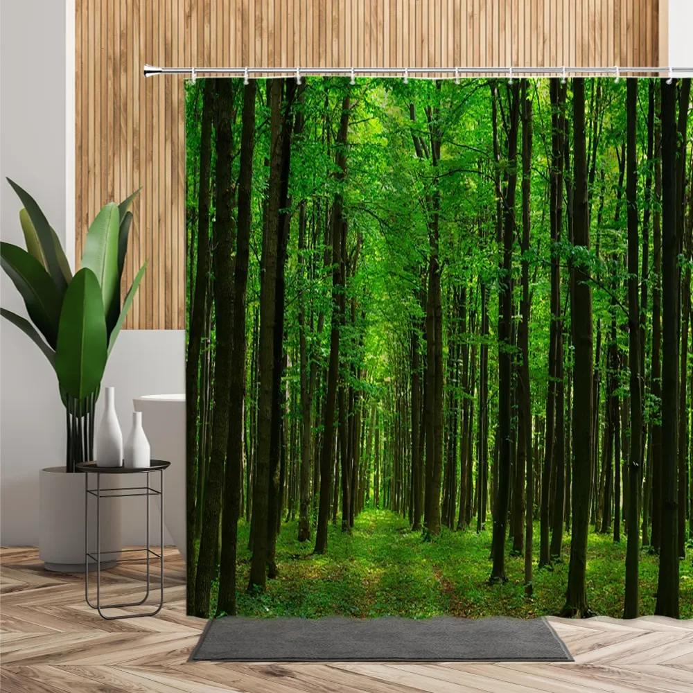 unframed Tropical Forest Shower Curtain, Nature Scenery Green Tundra Forest Waterfall River Animal Bridge, Bathroom Decorative