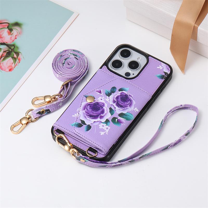 Flower Crossbody Card Holder Case with Lanyard for iPhone 13, 14, 16, 17 Pro