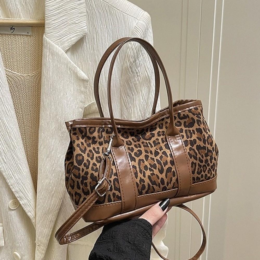 Plush Leopard Print Crossbody Bag Large Capacity Ladies Bucket Shoulder Bag Autumn Winter